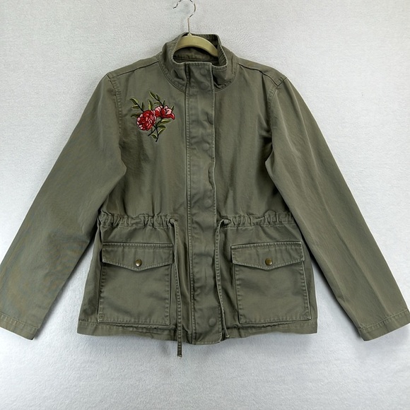 LOFT Outlet Embroidered Utility Jacket Sz M Green Drawstring Zip/Snap Front - Picture 1 of 13